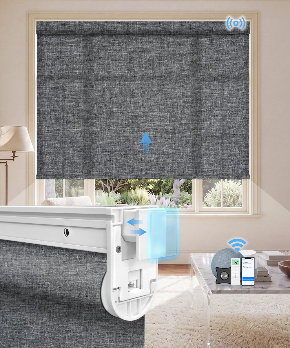 No-Drill Motorized Light Filtering Roller Shades - Dark Grey